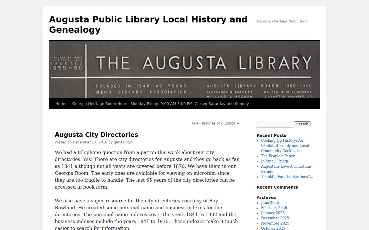 Augusta city directory holdings at the Georgia Heritage Room