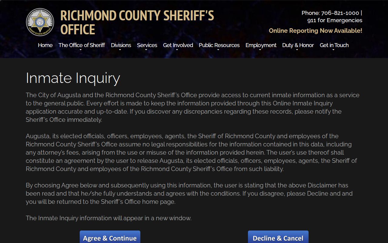 Richmond County Sheriff inmate inquiry page for Augusta public safety records